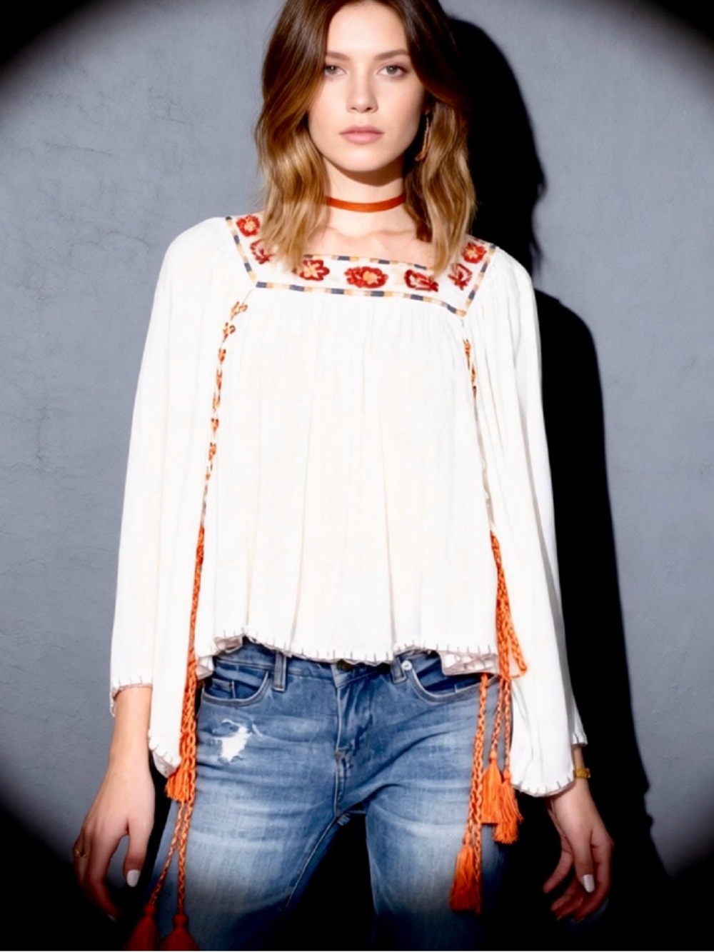 ban~jara Cream Embroidered Boho Top with Orange Tassels